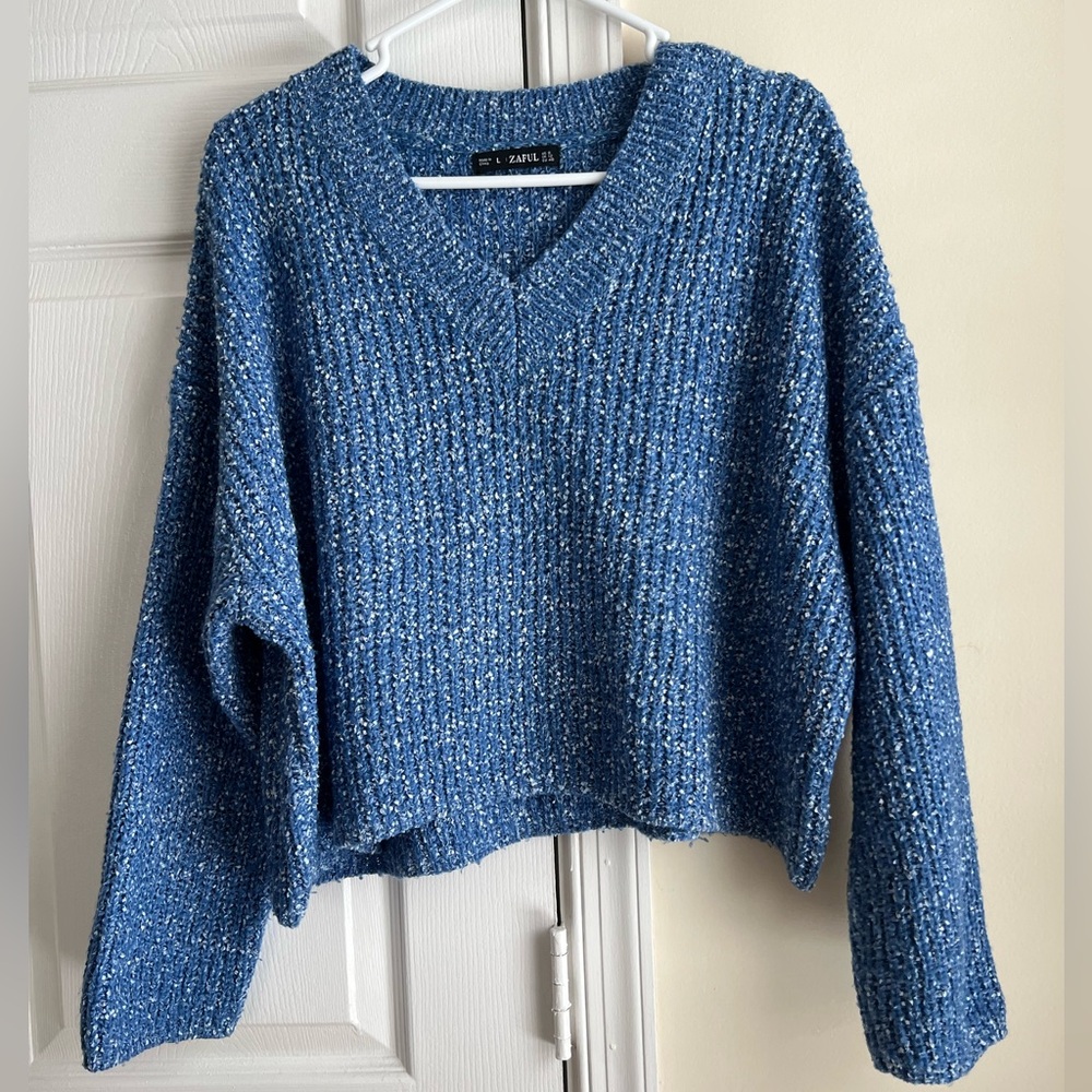 Zaful Blue & White Speckled V-Neck Semi-Cropped Knit Sweater Large